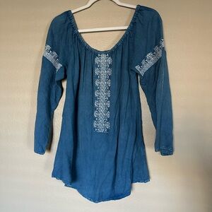 Blue Boho Off-Shoulder Peasant Blouse